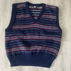 Silver unicorn 100% wool Navy V-Neck Fair Isle Sweater Vest with Red Accent